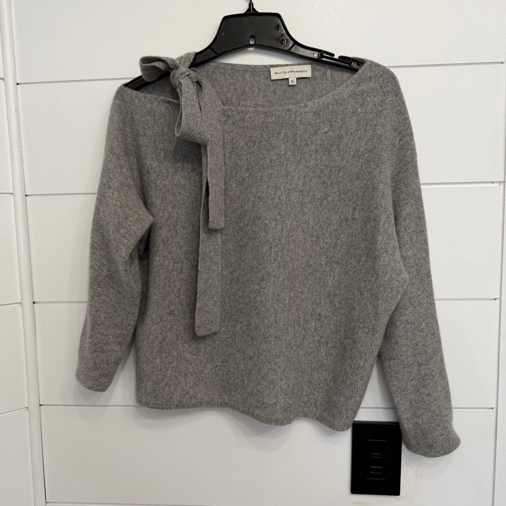 White + Warren Gray Off-the-Shoulder Cashmere Bow Sweater